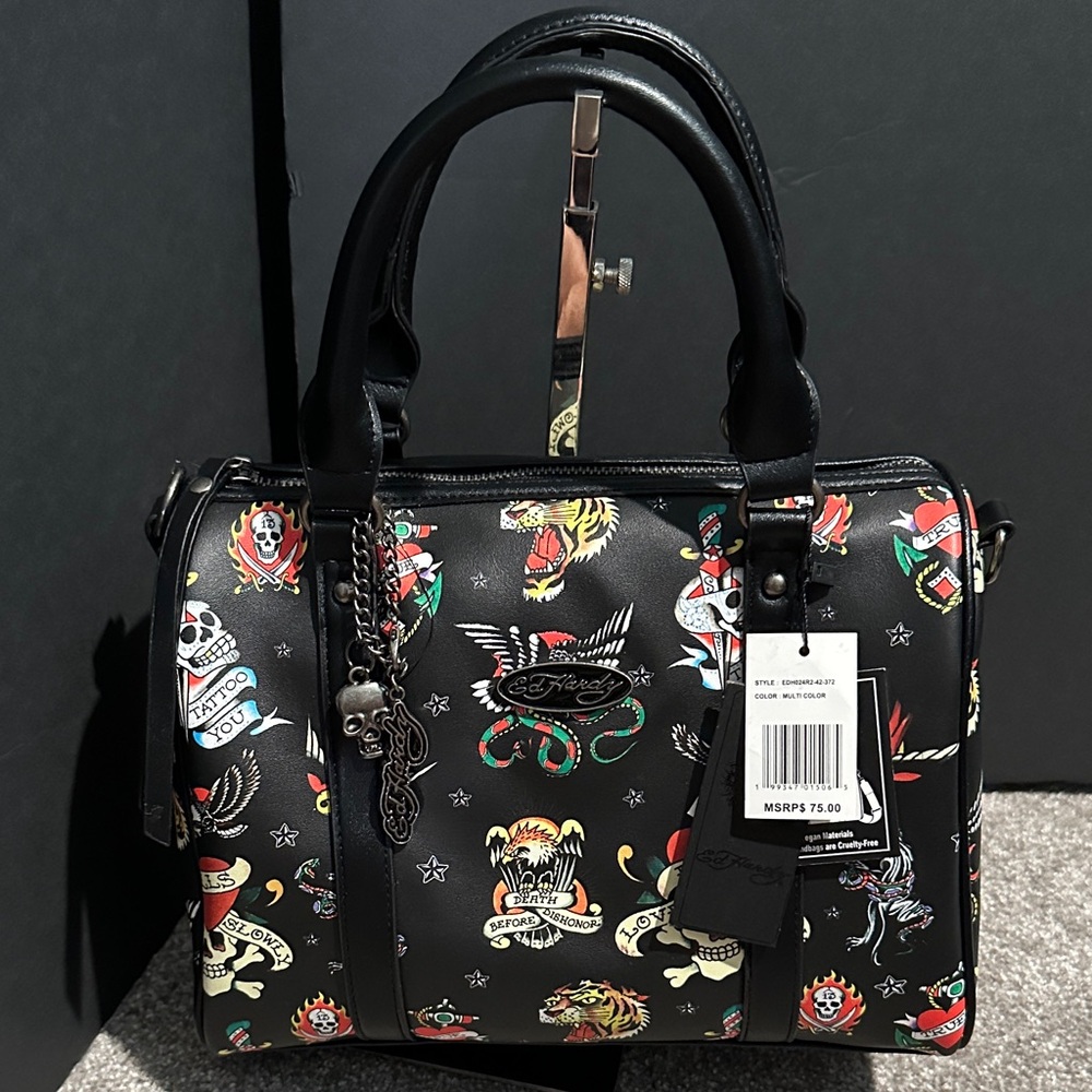 Ed Hardy Black Satchel with Colorful Tattoo Design